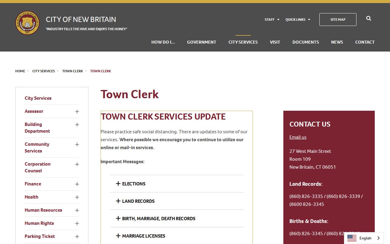 New Britain residents directory Town Clerk records office
